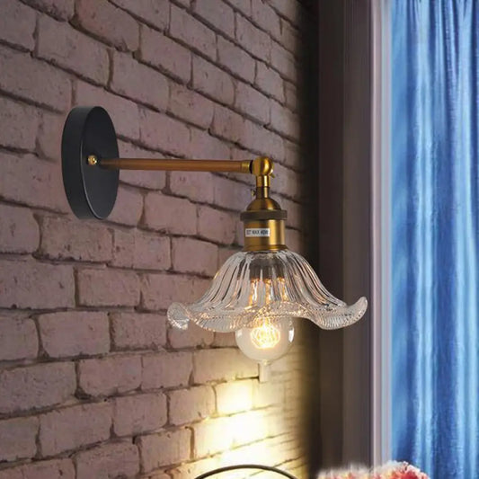 Brass Cone Wall Sconce with Clear Ribbed Glass - Industrial Living Room Lighting Fixture for Dining Room