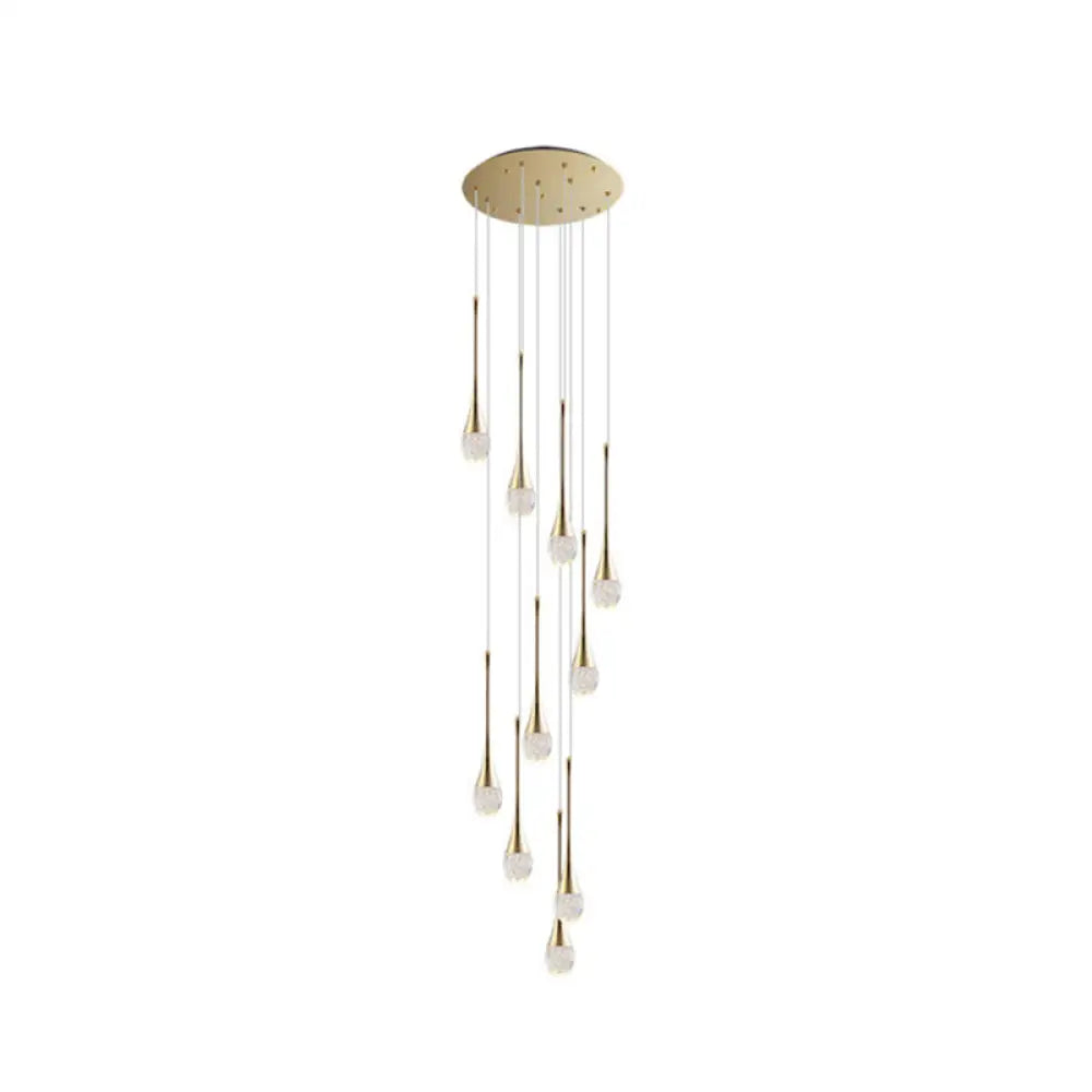 Brass Crystal Cone Pendant Light Set with Long LED Cascade - Perfect for Stairwell