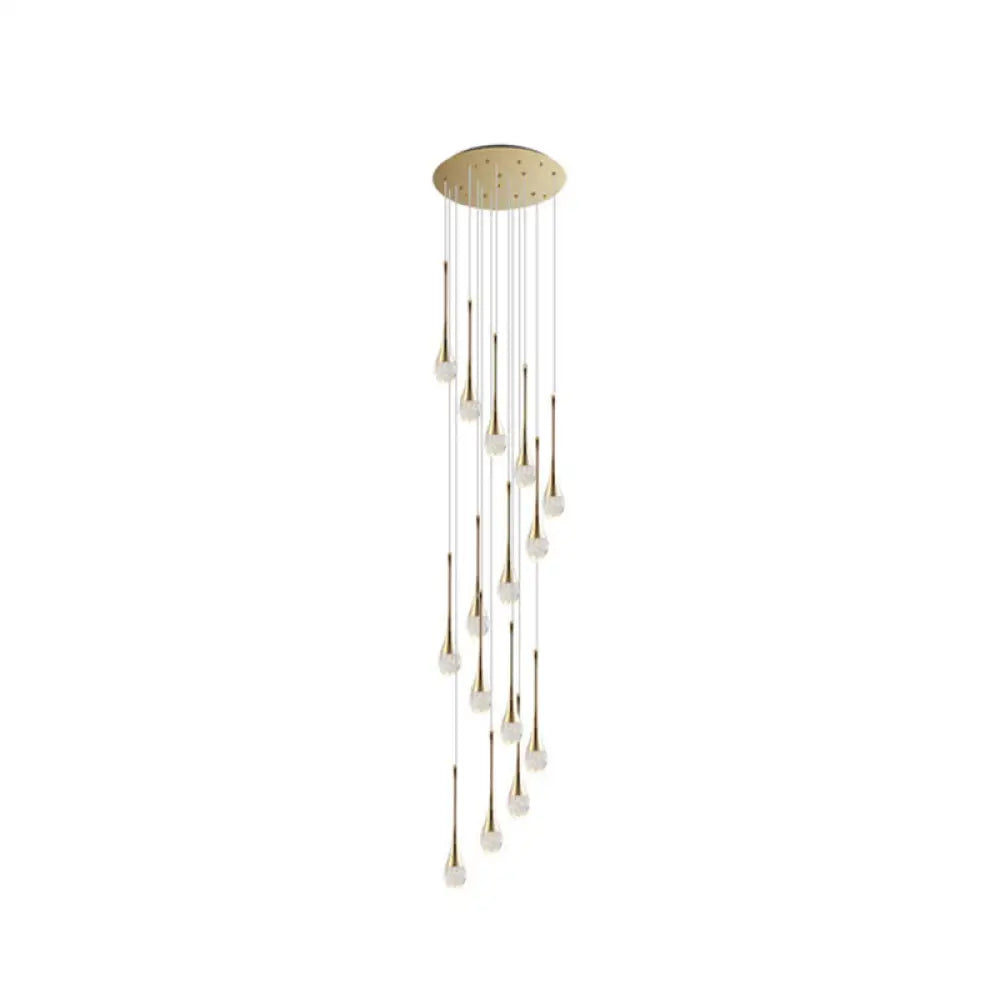 Brass Crystal Cone Pendant Light Set with Long LED Cascade - Perfect for Stairwell