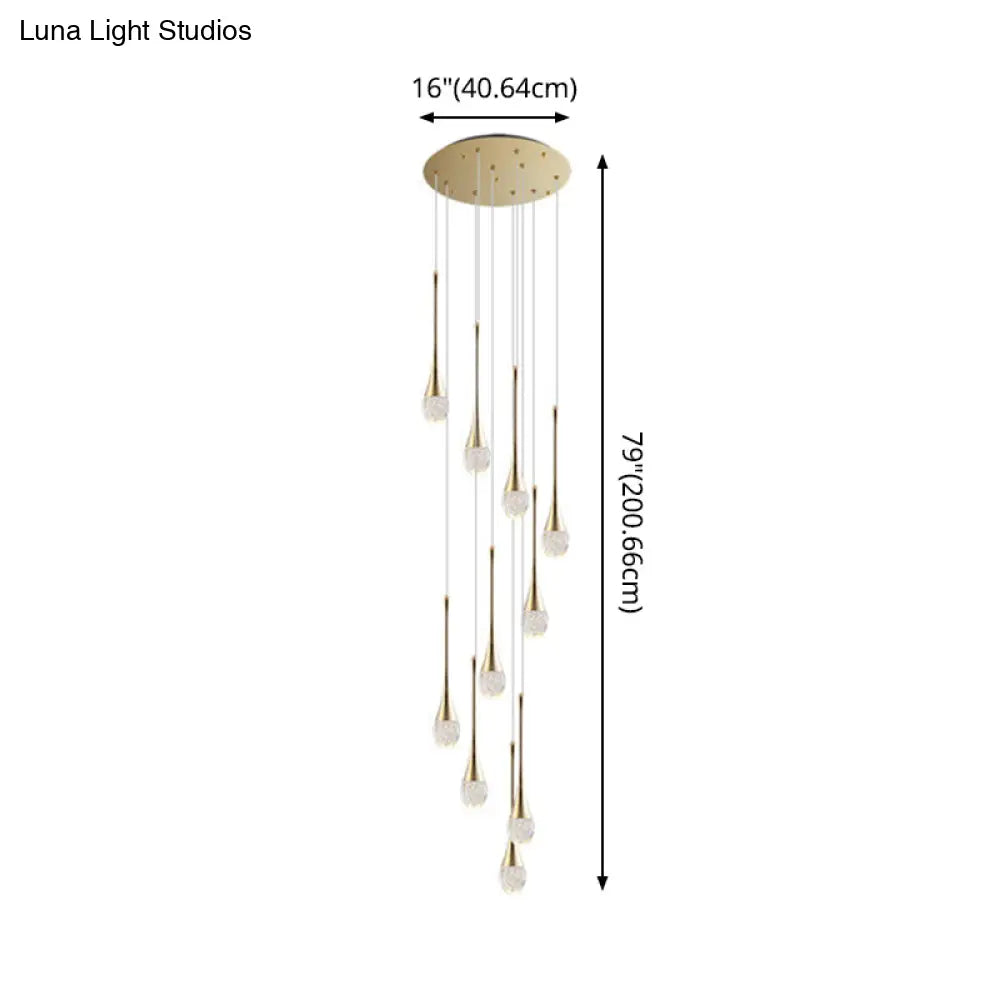 Brass Crystal Cone Pendant Light Set with Long LED Cascade - Perfect for Stairwell