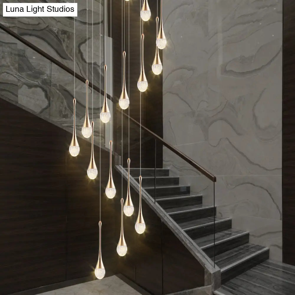 Brass Crystal Cone Pendant Light Set with Long LED Cascade - Perfect for Stairwell