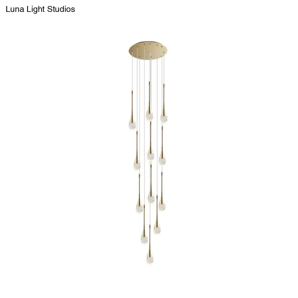 Brass Crystal Cone Pendant Light Set with Long LED Cascade - Perfect for Stairwell