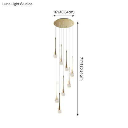 Brass Crystal Cone Pendant Light Set with Long LED Cascade - Perfect for Stairwell