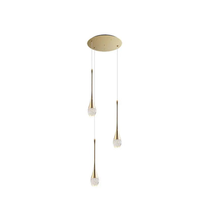 Brass Crystal Cone Pendant Light Set with Long LED Cascade - Perfect for Stairwell