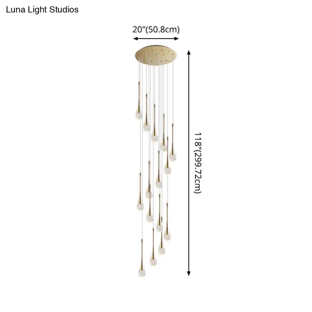 Brass Crystal Cone Pendant Light Set with Long LED Cascade - Perfect for Stairwell