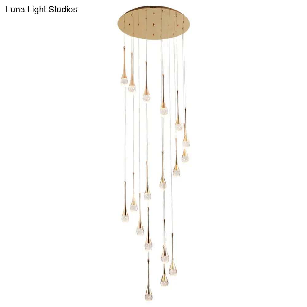 Brass Crystal Cone Pendant Light Set with Long LED Cascade - Perfect for Stairwell