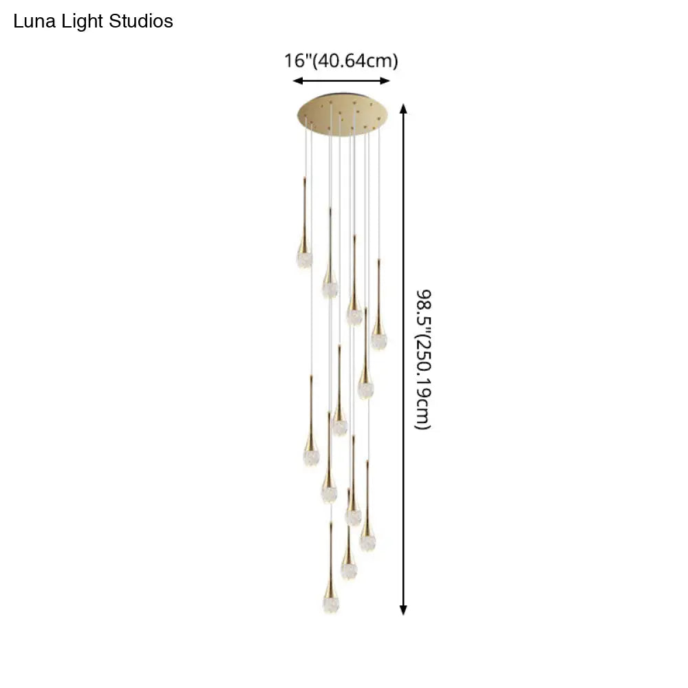 Brass Crystal Cone Pendant Light Set with Long LED Cascade - Perfect for Stairwell