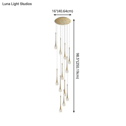 Brass Crystal Cone Pendant Light Set with Long LED Cascade - Perfect for Stairwell