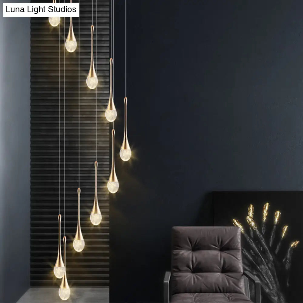 Brass Crystal Cone Pendant Light Set with Long LED Cascade - Perfect for Stairwell