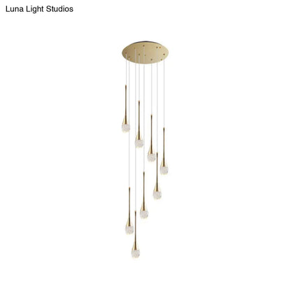 Brass Crystal Cone Pendant Light Set with Long LED Cascade - Perfect for Stairwell