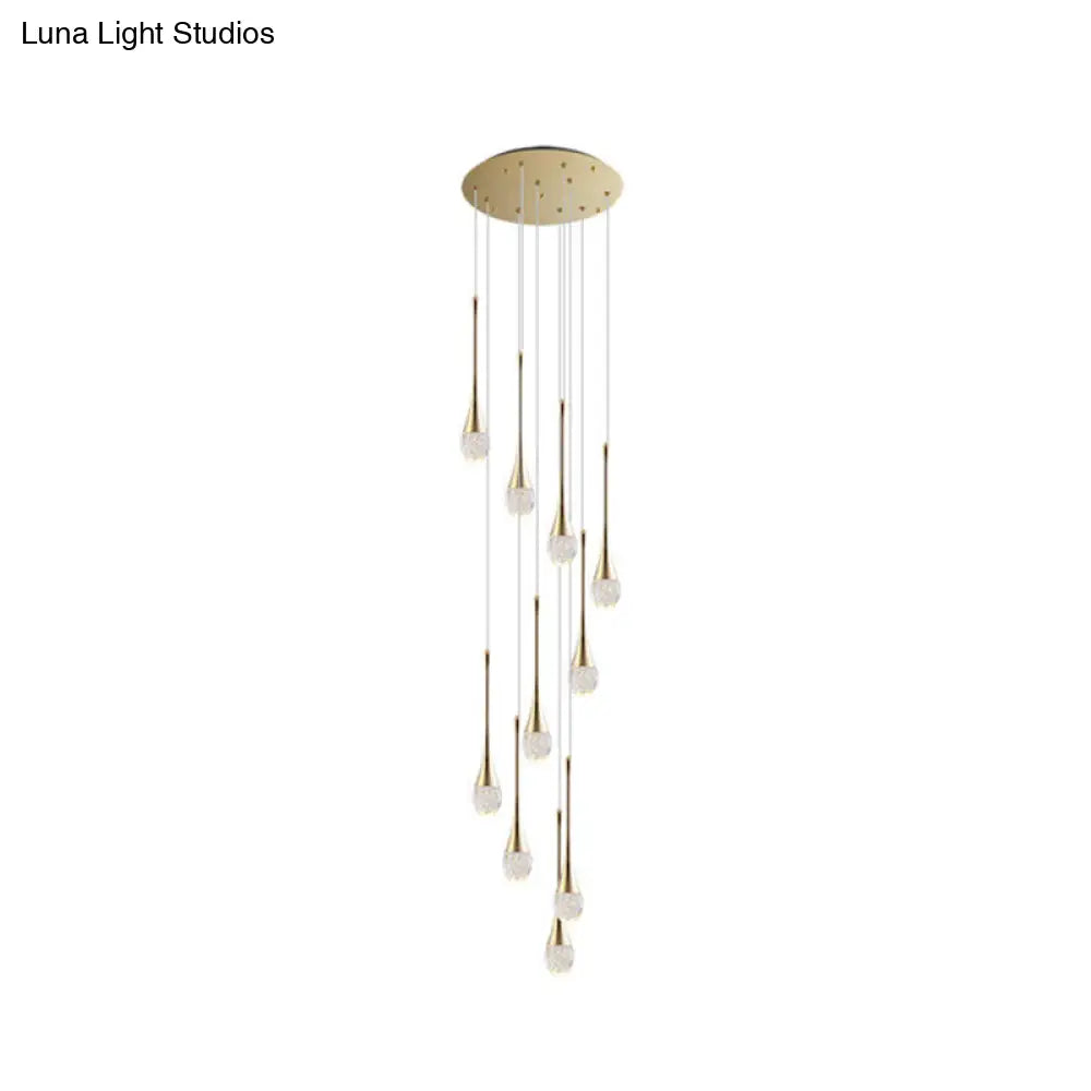 Brass Crystal Cone Pendant Light Set with Long LED Cascade - Perfect for Stairwell