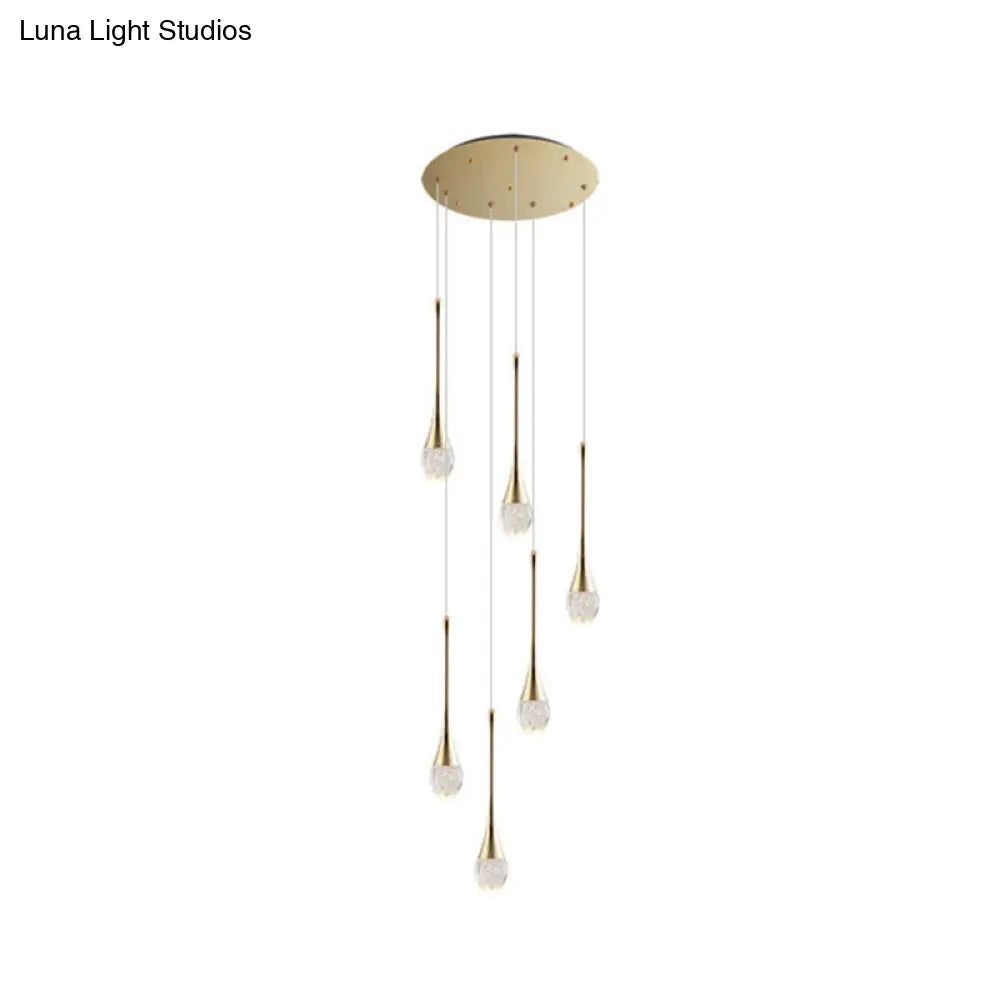 Brass Crystal Cone Pendant Light Set with Long LED Cascade - Perfect for Stairwell