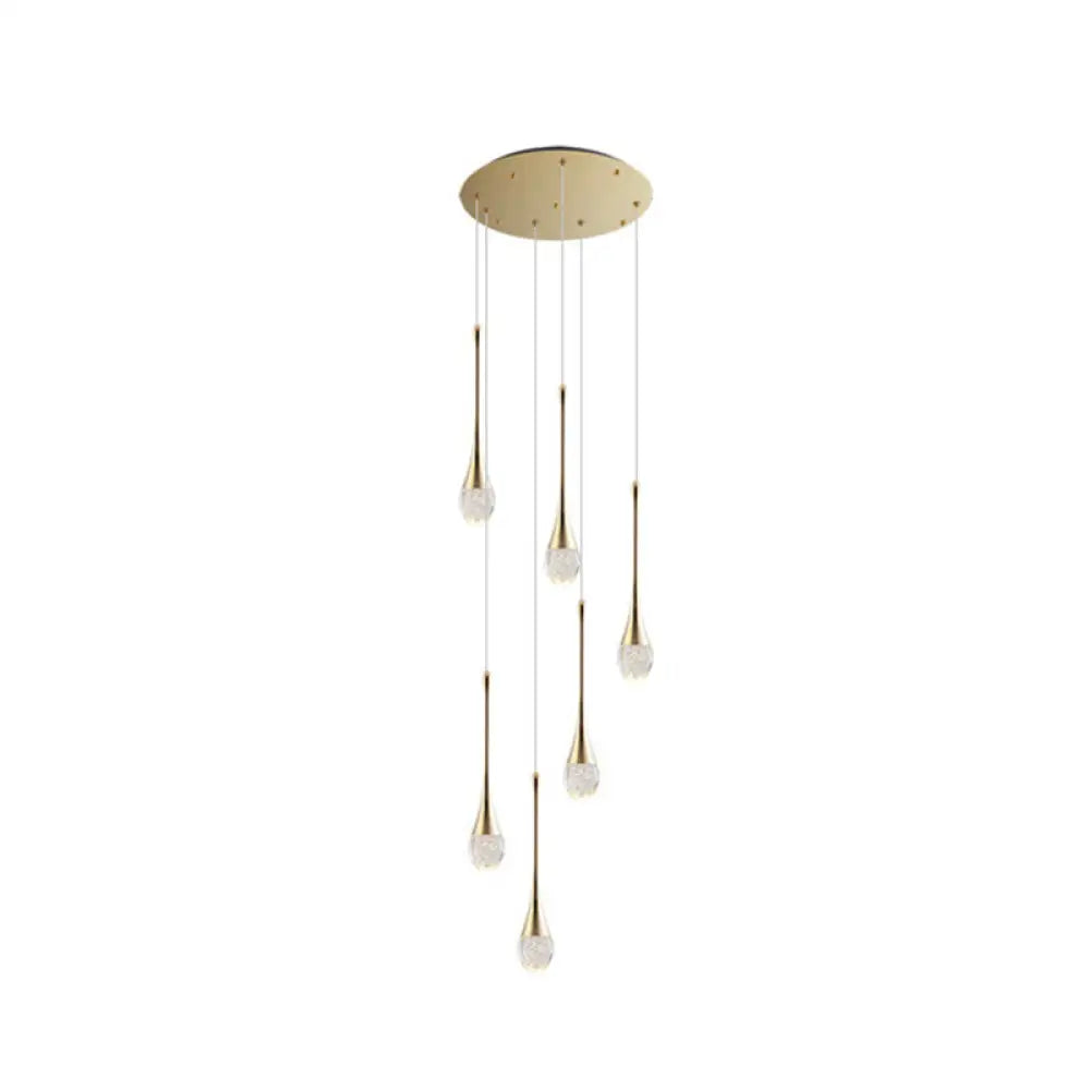 Brass Crystal Cone Pendant Light Set with Long LED Cascade - Perfect for Stairwell