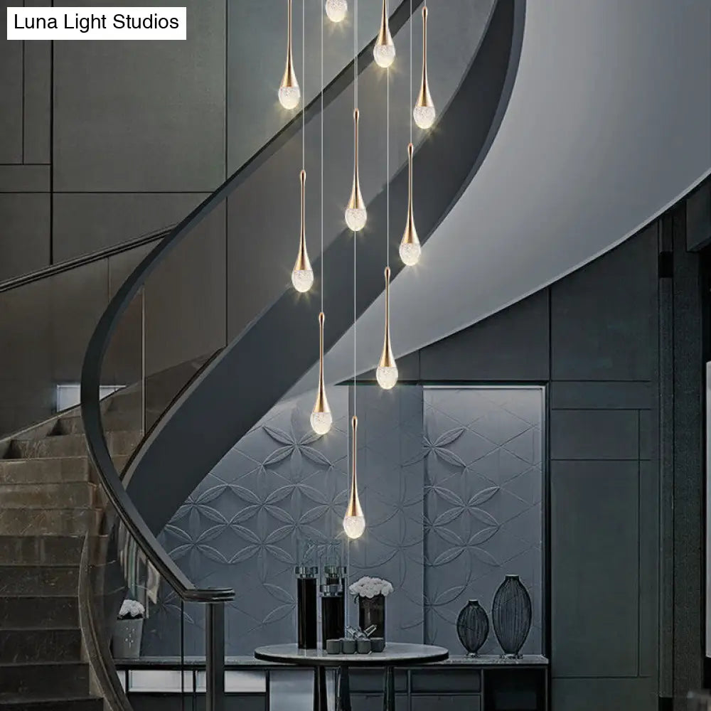 Brass Crystal Cone Pendant Light Set with Long LED Cascade - Perfect for Stairwell