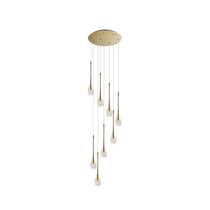 Brass Crystal Cone Pendant Light Set with Long LED Cascade - Perfect for Stairwell