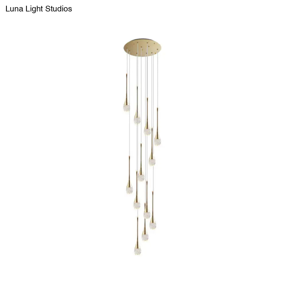 Brass Crystal Cone Pendant Light Set with Long LED Cascade - Perfect for Stairwell