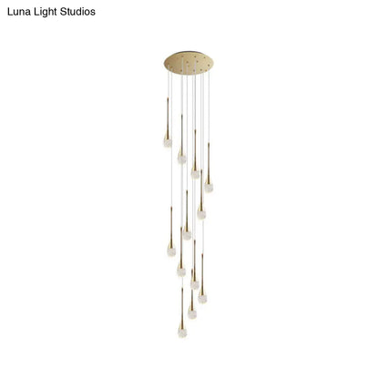 Brass Crystal Cone Pendant Light Set with Long LED Cascade - Perfect for Stairwell