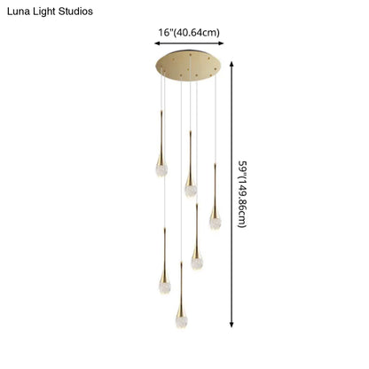 Brass Crystal Cone Pendant Light Set with Long LED Cascade - Perfect for Stairwell