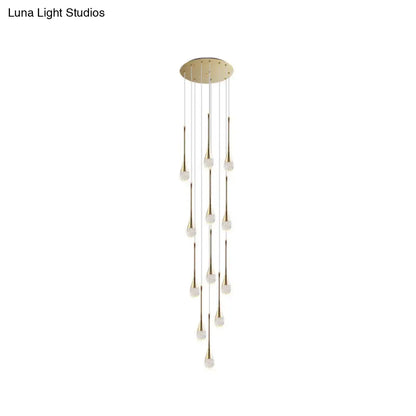 Brass Crystal Cone Pendant Light Set with Long LED Cascade - Perfect for Stairwell