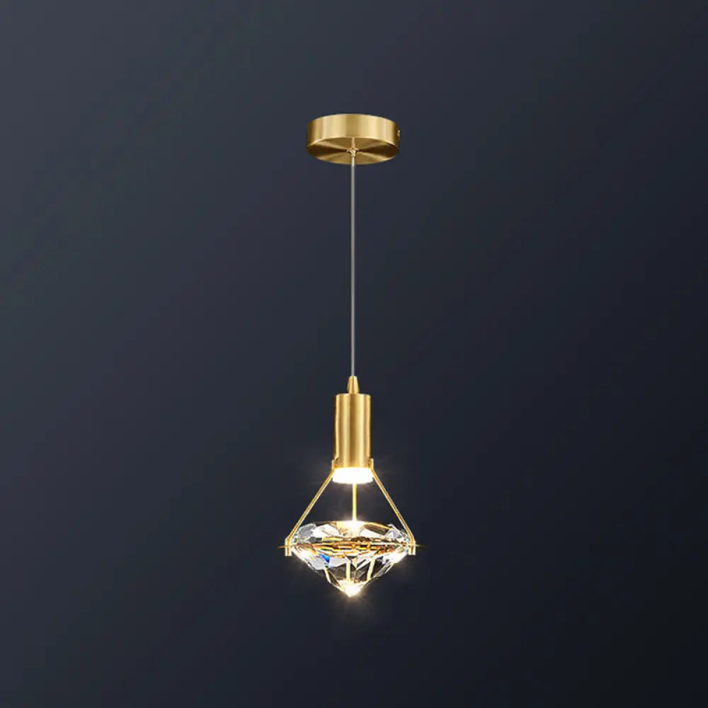 Brass Crystal Pendant Light with LED, Modern Diamond Crystal Ceiling Lighting for Bedroom