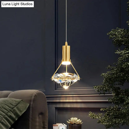 Brass Crystal Pendant Light with LED, Modern Diamond Crystal Ceiling Lighting for Bedroom