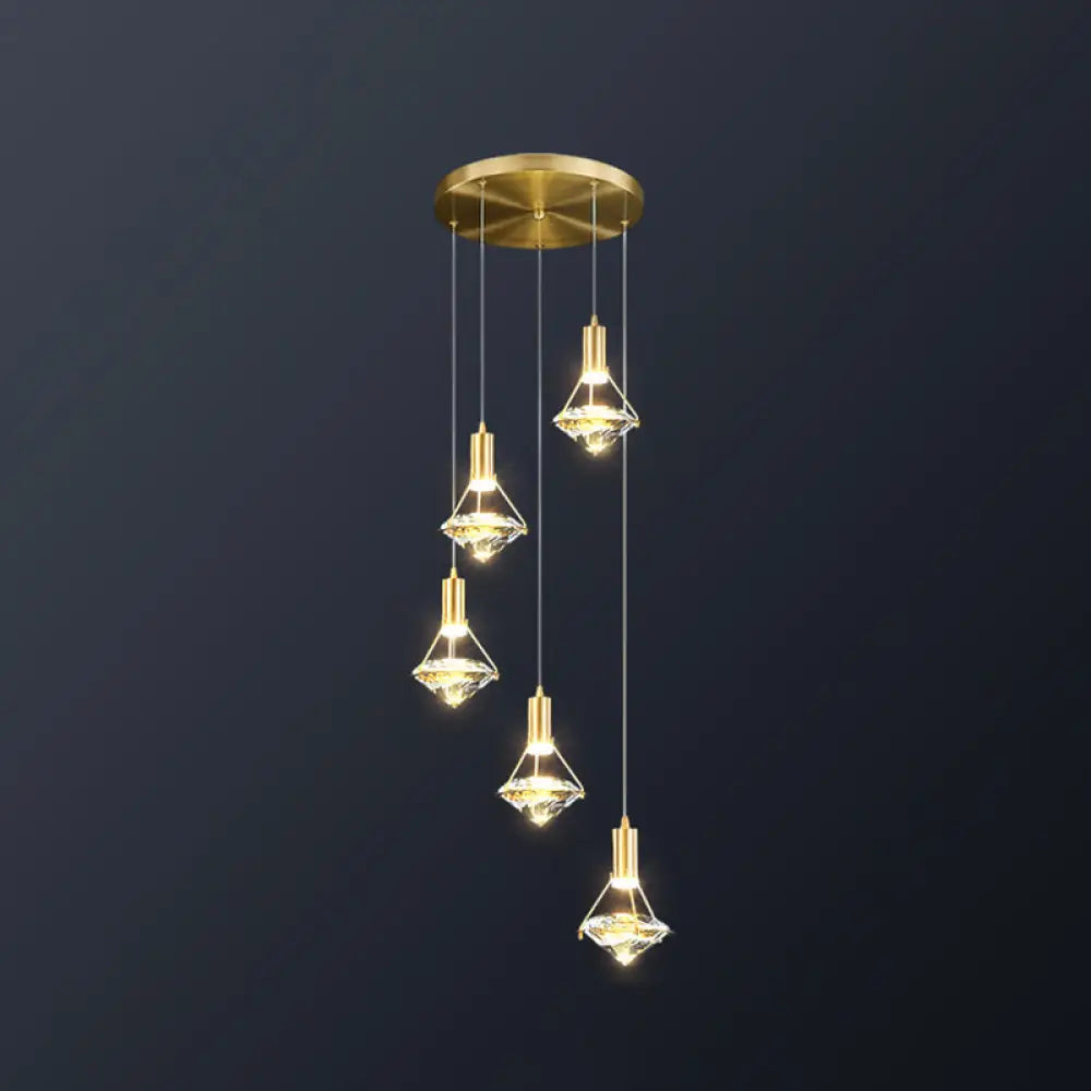 Brass Crystal Pendant Light with LED, Modern Diamond Crystal Ceiling Lighting for Bedroom