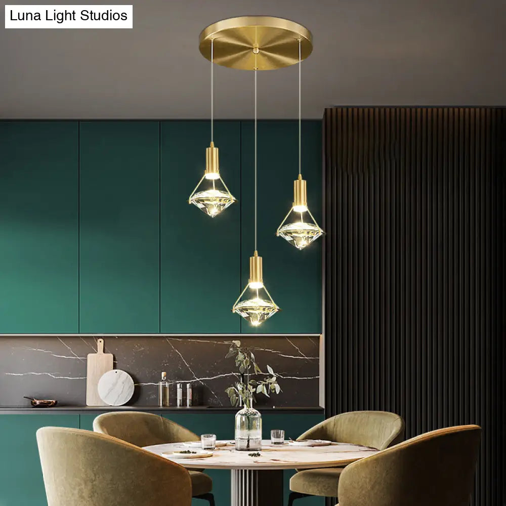 Brass Crystal Pendant Light with LED, Modern Diamond Crystal Ceiling Lighting for Bedroom