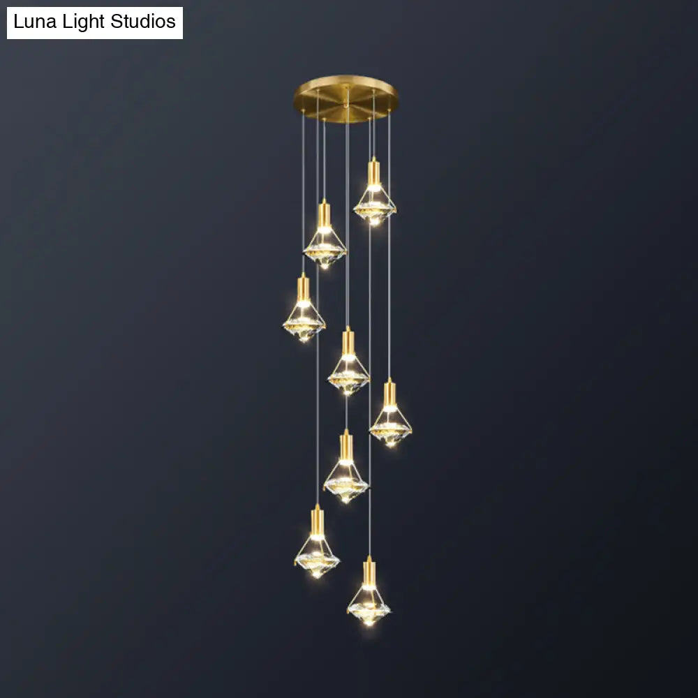 Brass Crystal Pendant Light with LED, Modern Diamond Crystal Ceiling Lighting for Bedroom