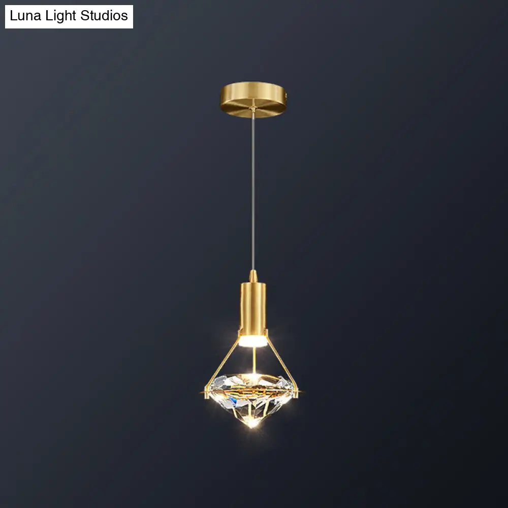 Brass Crystal Pendant Light with LED, Modern Diamond Crystal Ceiling Lighting for Bedroom