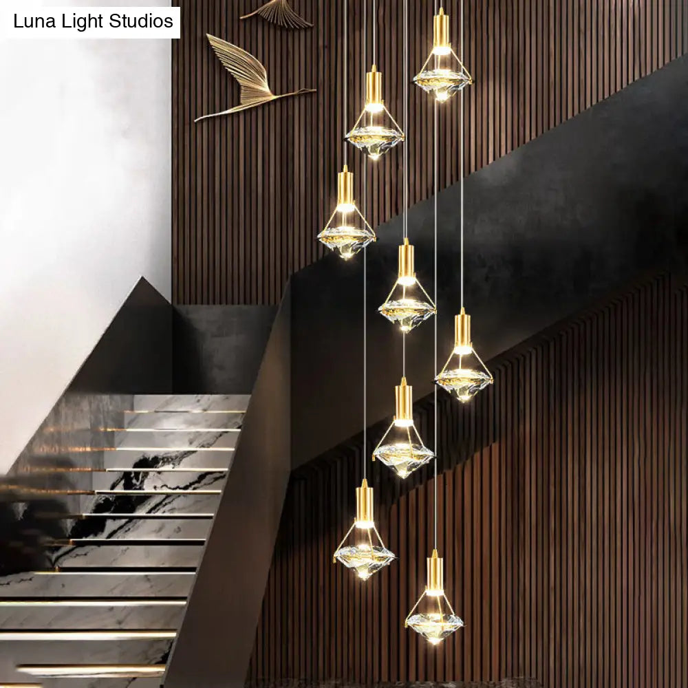 Brass Crystal Pendant Light with LED, Modern Diamond Crystal Ceiling Lighting for Bedroom