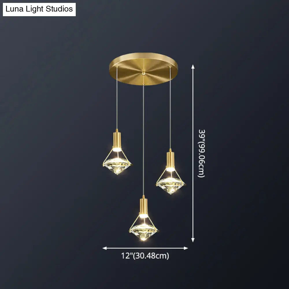 Brass Crystal Pendant Light with LED, Modern Diamond Crystal Ceiling Lighting for Bedroom