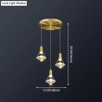 Brass Crystal Pendant Light with LED, Modern Diamond Crystal Ceiling Lighting for Bedroom