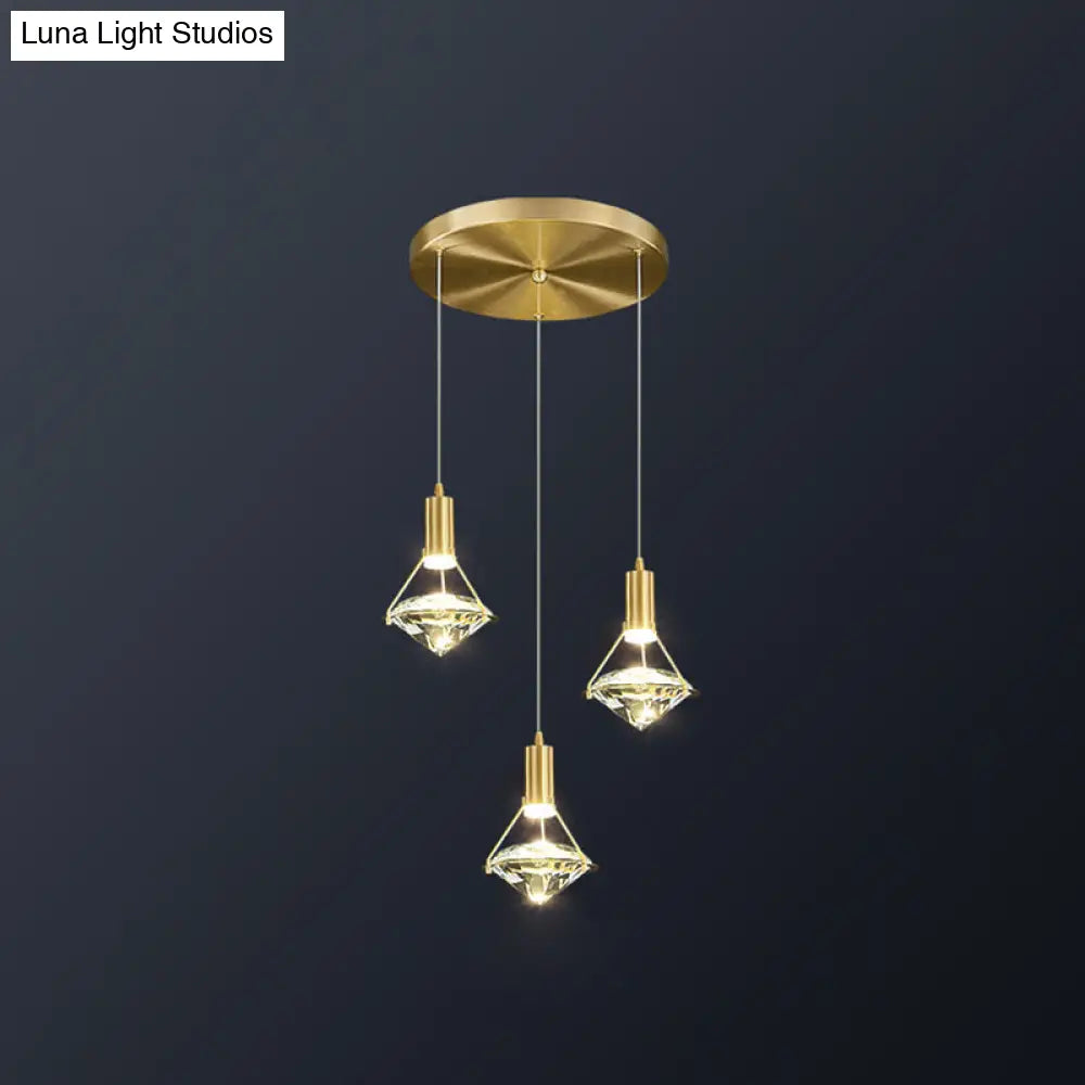 Brass Crystal Pendant Light with LED, Modern Diamond Crystal Ceiling Lighting for Bedroom