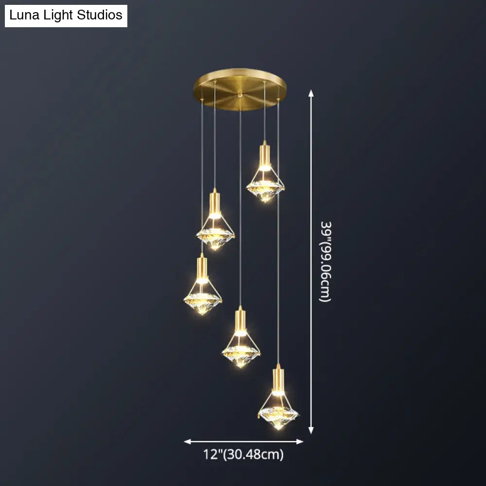 Brass Crystal Pendant Light with LED, Modern Diamond Crystal Ceiling Lighting for Bedroom