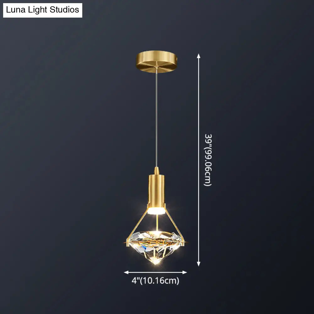 Brass Crystal Pendant Light with LED, Modern Diamond Crystal Ceiling Lighting for Bedroom