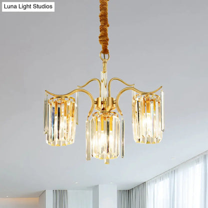 Brass Crystal Prism Chandelier - Elegant 4-Bulb Cylinder Down Lighting for Dining Table