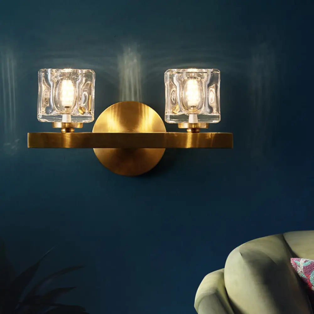 DecorBites™ Brass Cylinder Sconce with Clear Crystal Block for Modern Living Room Lighting