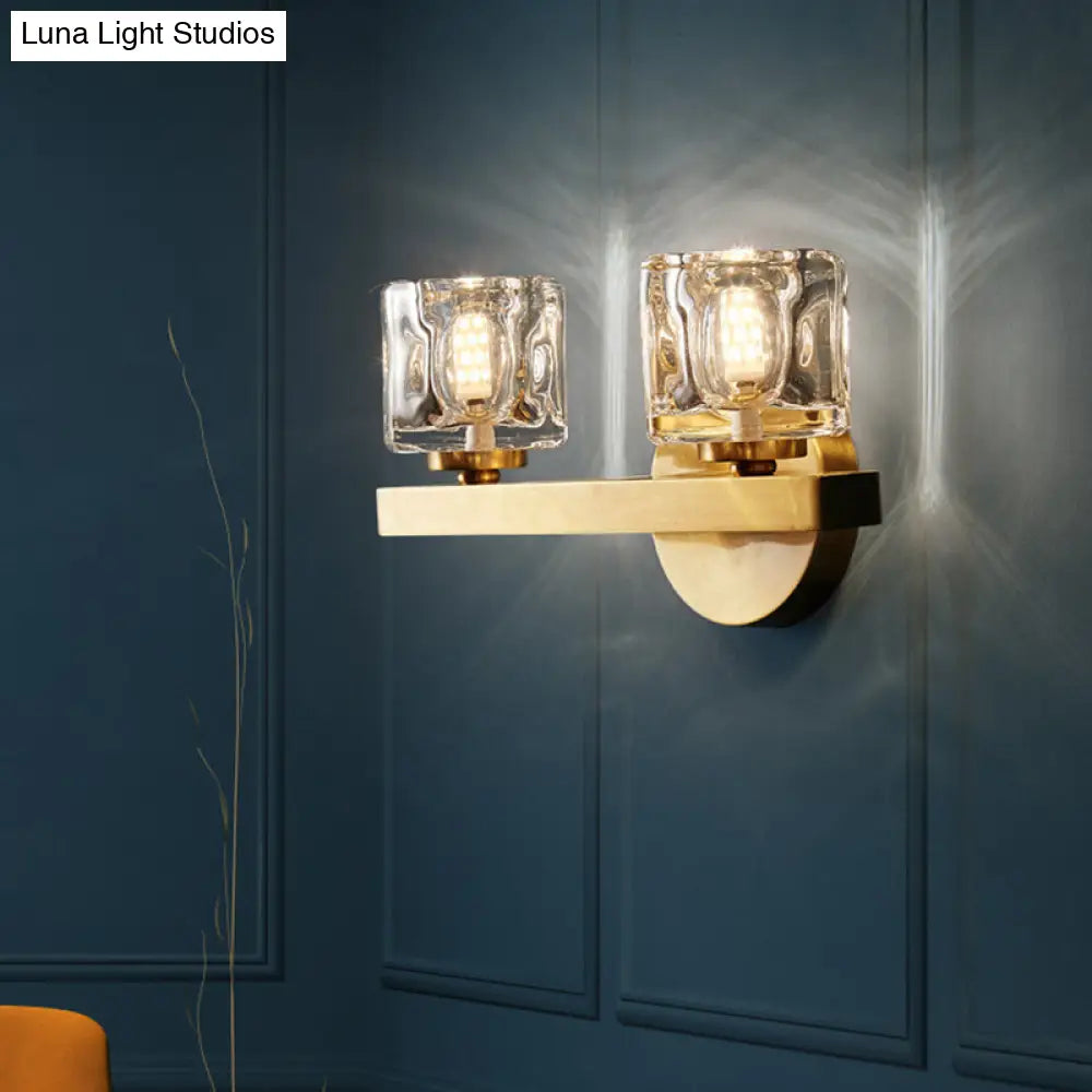 DecorBites™ Brass Cylinder Sconce with Clear Crystal Block for Modern Living Room Lighting