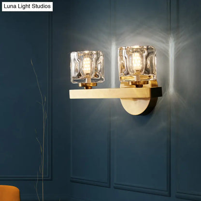 DecorBites™ Brass Cylinder Sconce with Clear Crystal Block for Modern Living Room Lighting