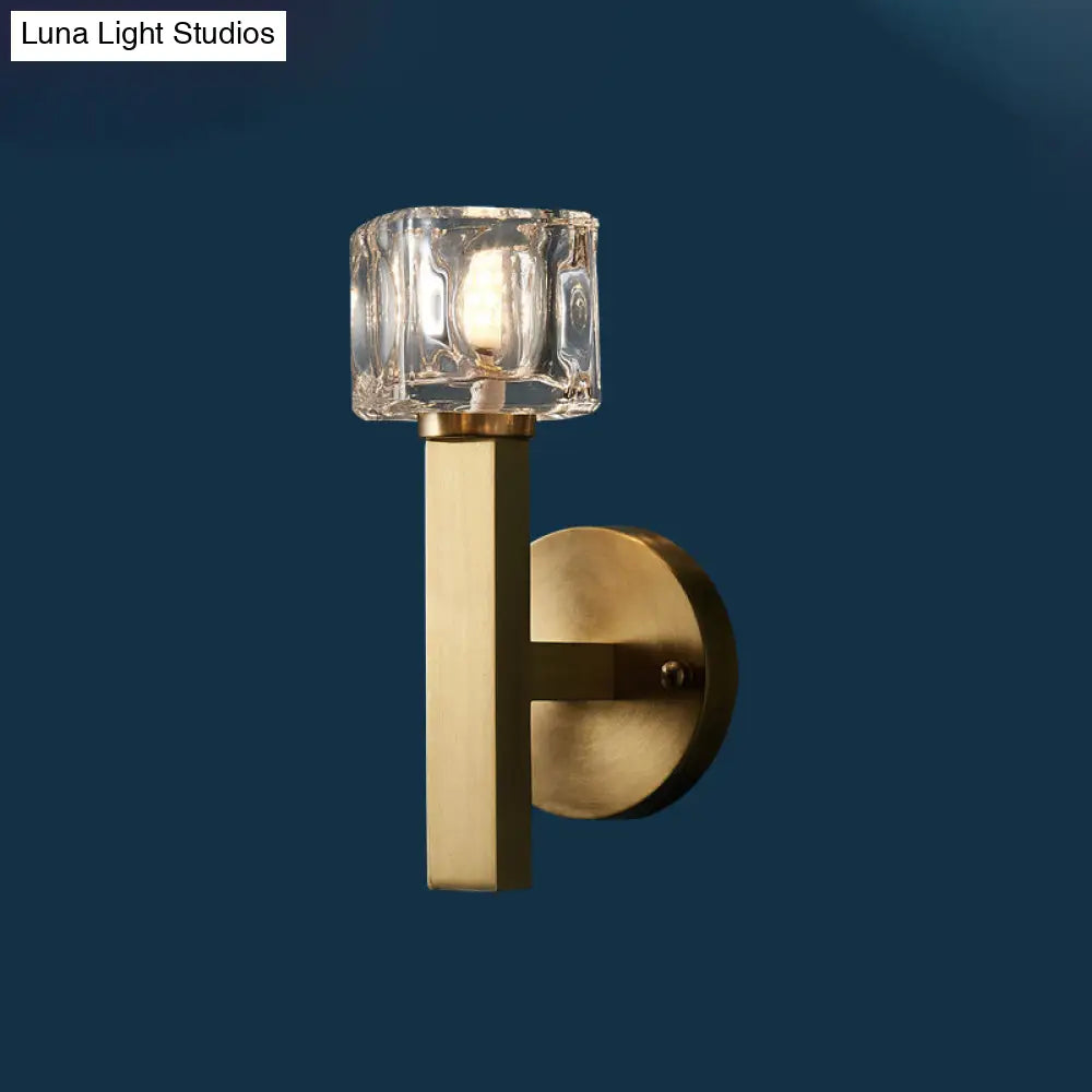 DecorBites™ Brass Cylinder Sconce with Clear Crystal Block for Modern Living Room Lighting