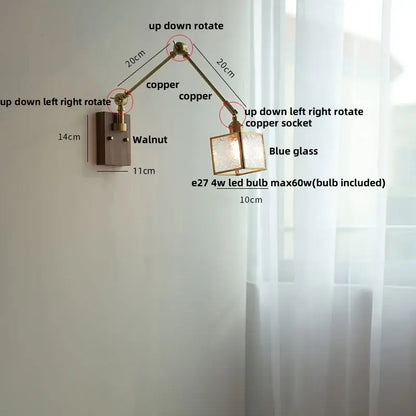 Adjustable copper wall sconce with decorbites ash wood base and blue glass shade for bedroom lighting