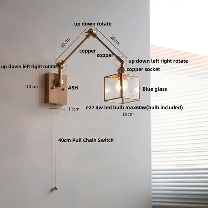 Copper-finished brass decorbites ash wood blue glass wall sconce with adjustable shade and ash wood led bulb for bedroom lighting