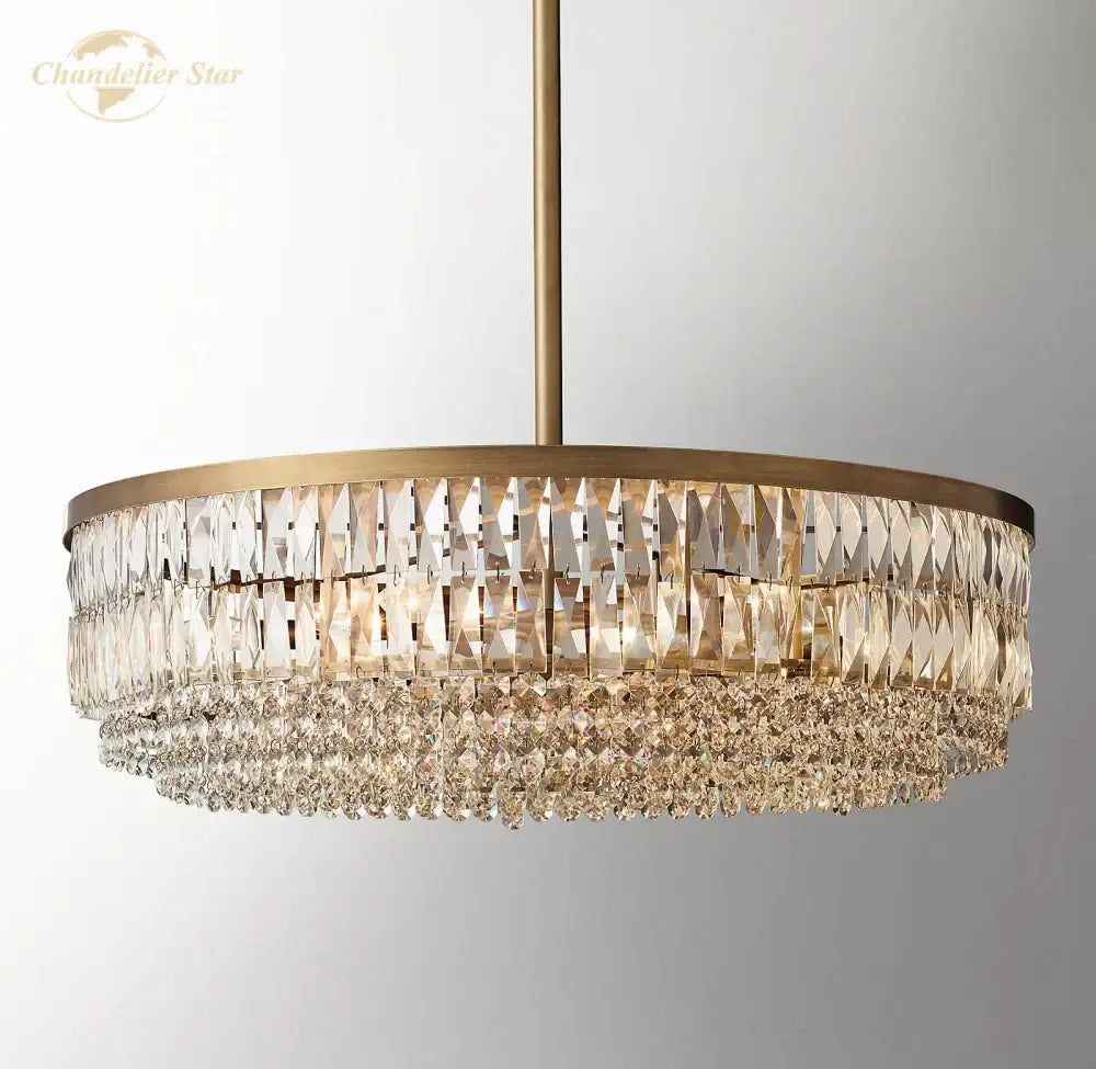 Brass decorbites crystal round pendant chandelier with multi-tiered clear faceted prisms for dining room lighting