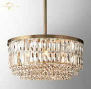 Brass decorbites crystal round pendant chandelier with cascading clear crystal prisms for dining room use