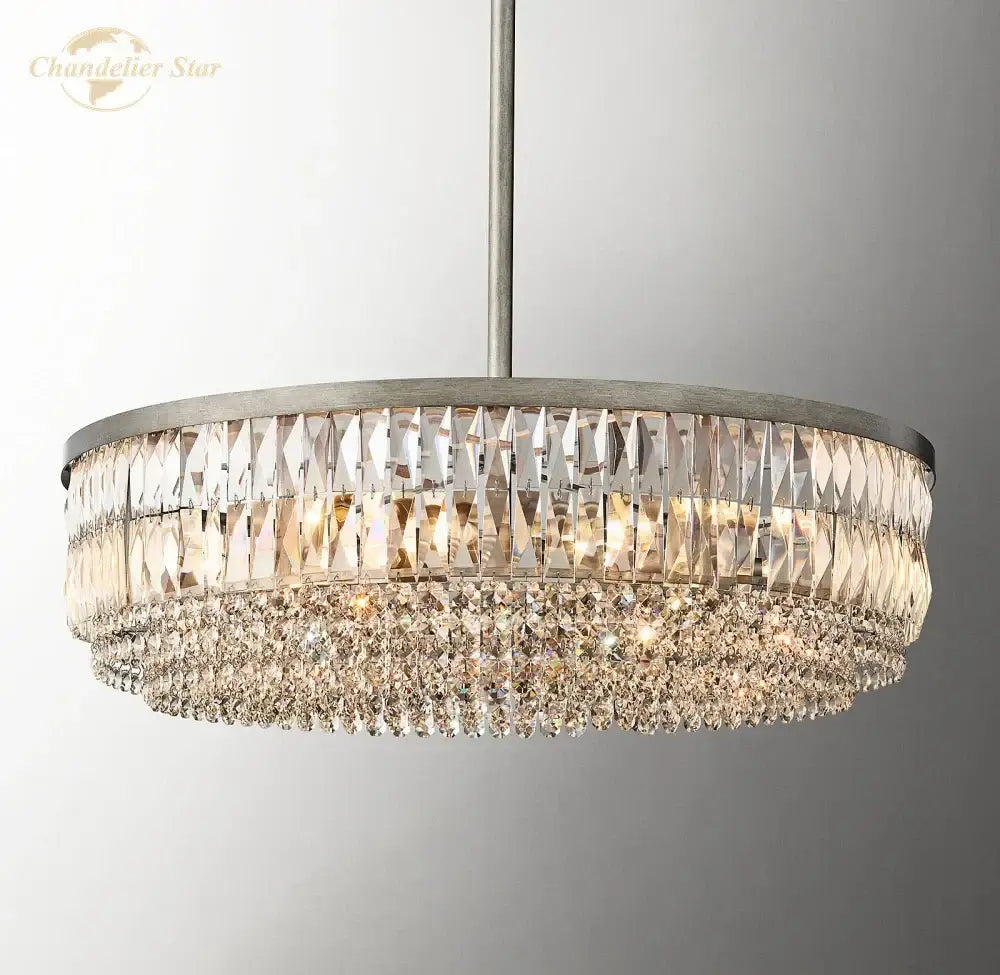 Modern brushed nickel decorbites crystal round pendant chandelier with faceted prisms for dining room lighting