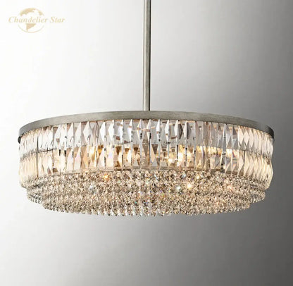 Modern brushed nickel decorbites crystal round pendant chandelier with faceted prisms for dining room lighting