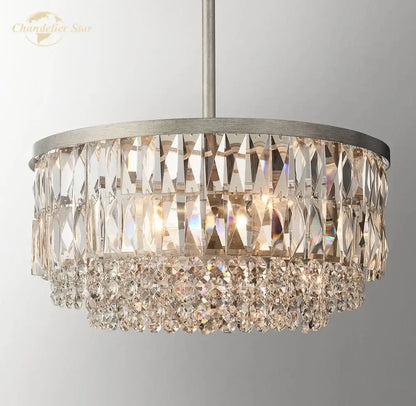 Silver-finished brass decorbites crystal round pendant chandelier with cascading faceted and teardrop crystals for dining room