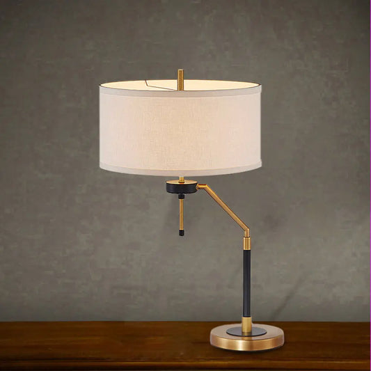 Brass Desk Lamp - Traditional Drum Fabric Reading Light for Bedroom