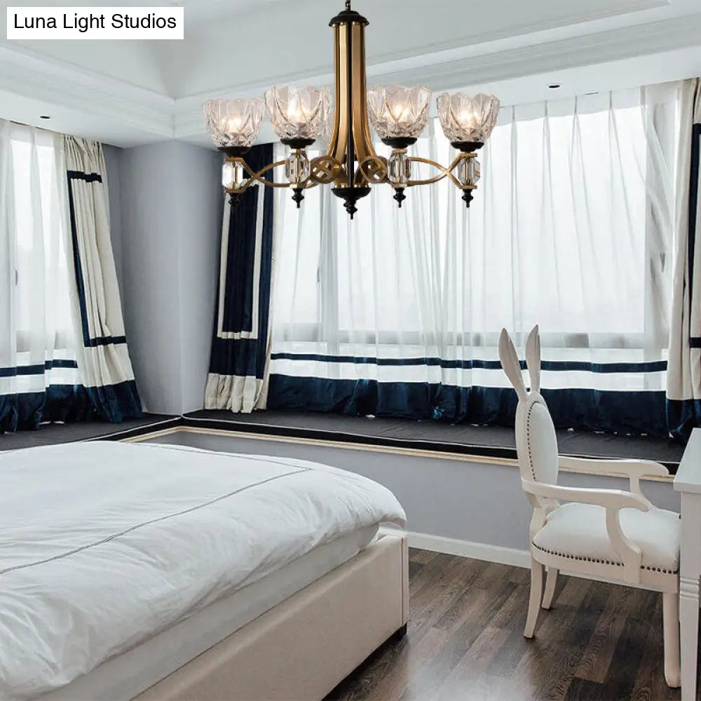 Lámpara colgante de latón con pantalla de cristal transparente - Lámpara de araña moderna de 5 luces