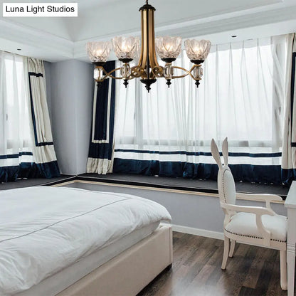 Lámpara colgante de latón con pantalla de cristal transparente - Lámpara de araña moderna de 5 luces